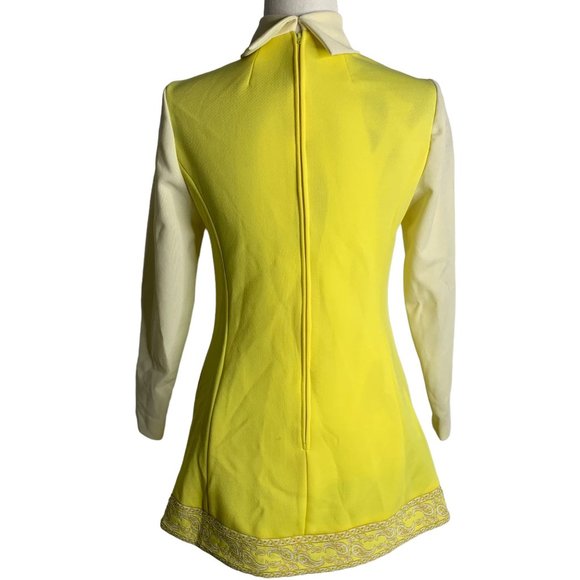 Vintage 60s 2 Piece Stretch Knit Pant Set S Yellow High Neck Pockets Zipper - Picture 5 of 13